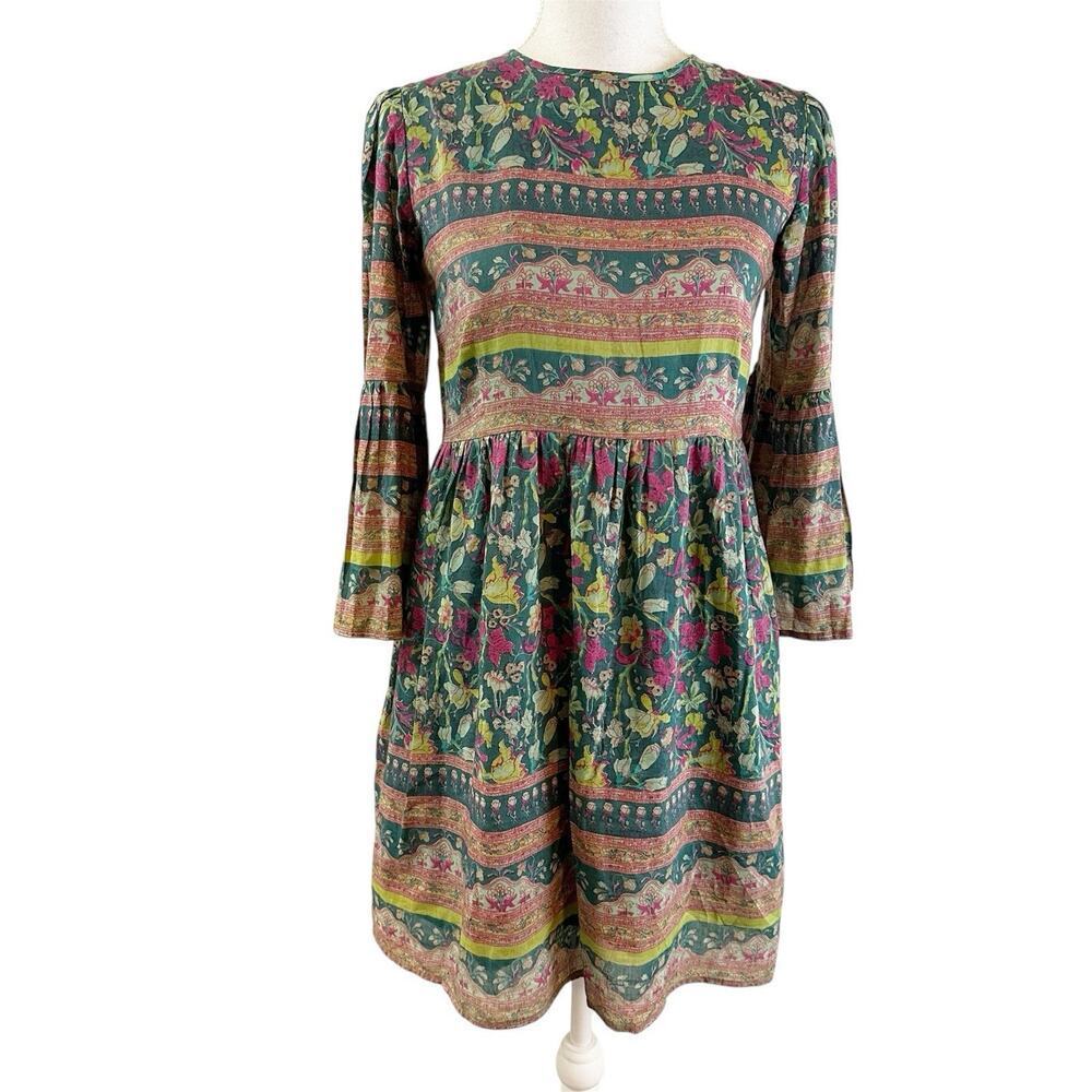 Bell by Alicia Bell Womens Nadine Dress‎ Size XS Silk Blend Bell Sleeve Folk Art